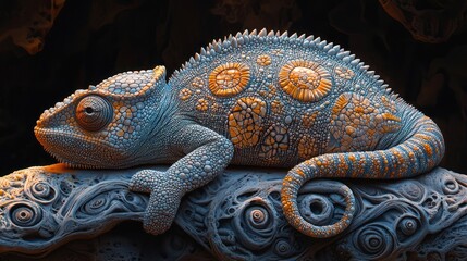 Fototapeta premium A chameleon blending into its surroundings with intricate patterns and textures.