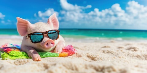 A happy pig wearing stylish sunglasses relaxes on a colorful towel at a tropical beach. The ocean waves, white sand, and blue sky create a perfect summer vacation vibe.