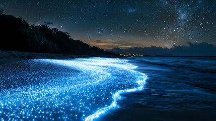 Bioluminescent beach on an alien planet, glowing waves, and starlit skies. Starlit Bioluminescence. Illustration