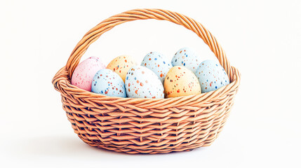 Colorful speckled eggs arranged beautifully in a wicker basket for an artistic spring celebration