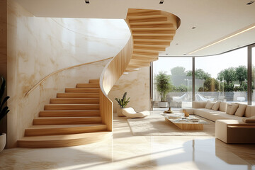 Interior design of modern living room with wooden spiral staircase.