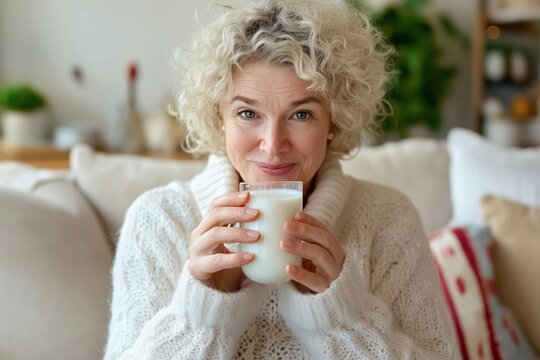 A mature woman with curly blonde hair enjoys a glass of milk in a cozy home setting, wearing a warm white sweater and smiling contently. The atmosphere is relaxed and inviting.