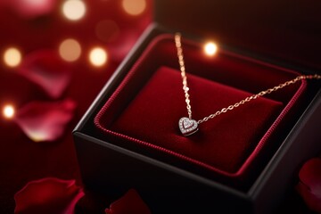 Red heart necklace in open red velvet jewelry box, displayed against backdrop of blurred rose petals and warm glowing lights