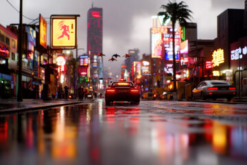 Vibrant Rainy City At Night 