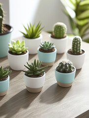 Obraz premium Conjunto de suculentas y cactus reciben la luz del sol sobre una mesa 