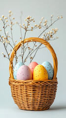 Fototapeta premium Colorful Easter eggs nestled in a woven basket with delicate blossoms on display