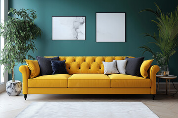 Interior design of living room with yellow sofa.