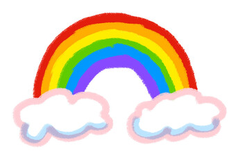 Digital illustration of a rainbow with clouds on transparent background.