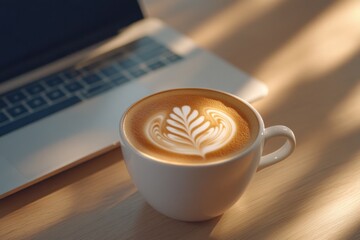 latte art with laptop on a desk