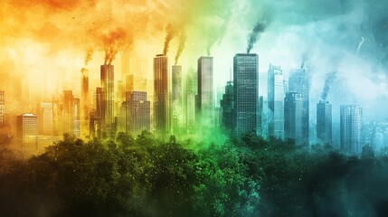 Fototapeta premium Environmental crisis urban pollution and green spaces cityscape digital art contrast aerial view ecological awareness