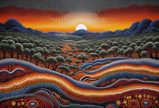 Australian Aboriginal dot painting art dreaming of a landscape. abstract Modern Aboriginal dot painting background