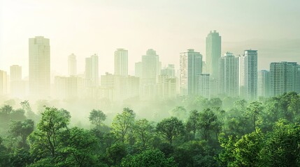 Obraz premium Urban jungle skyscrapers amidst lush greenery modern cityscape foggy morning nature vs. Urban life