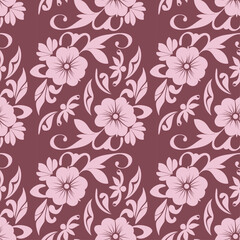 Floral seamless pattern, flower ornament in retro, vintage design and pink color on dark red background for wallpaper, textile, packaging, print and decoration.