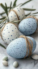 Obraz premium Unique blue speckled eggs adorned with twine and delicate flowers on a serene background for a festive celebration