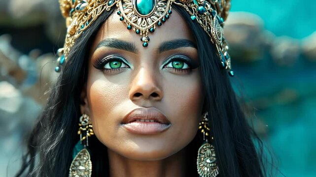 Majestic portrait of a woman with emerald green eyes, wearing an ornate gold and turquoise crown and intricate jewelry. Afro-fantasy, cultural mythology, and legendary warrior aesthetics.