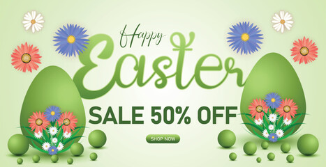 Easter Sale 50 percent Off with a Fresh Spring Look Featuring Flowers and Easter Eggs
