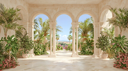 Tropical Oasis Archway view to palm trees and distant hills