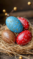 Fototapeta premium Brightly colored Easter eggs nestled in natural straw, celebrating springtime with vibrant designs and seasonal charm