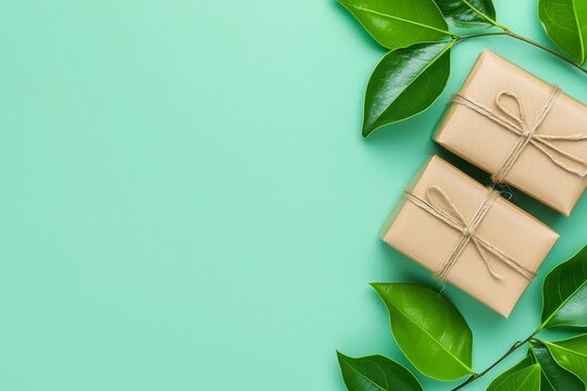 Gift packages wrapped with care minimalist green background photography calm atmosphere top view thoughtful gifting ideas