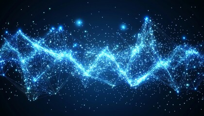 Abstract Futuristic Network Blue Particles, Interconnected Lines, and Waves on Black Background