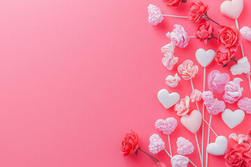 Valentine's Day: Pink Roses and Heart Decorations on Pink Background