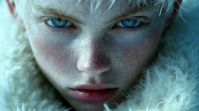 Intense close-up portrait of a non-binary person with icy blue eyes and pale features. Exploring gender fluidity, ethereal beauty, and the evolving perception of identity in modern culture.