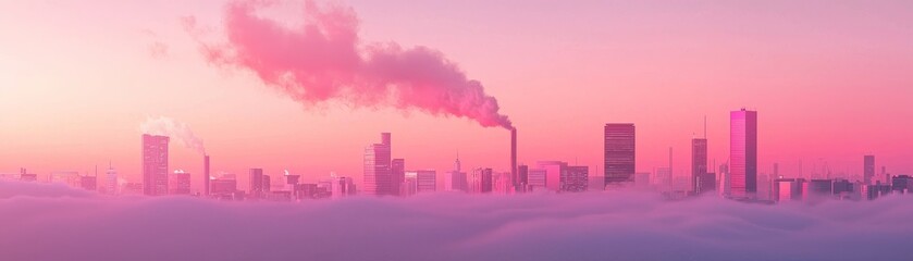 Fototapeta premium Industrial pollution rising over cityscape at sunset urban environment aerial view environmental awareness