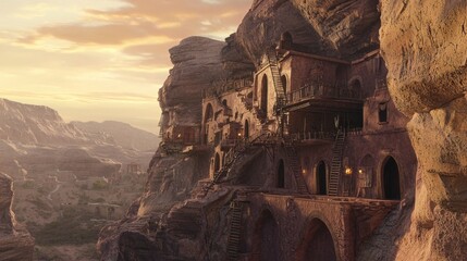 Wide Angle View of Desert Bluff with Ancient Structures at Sunset