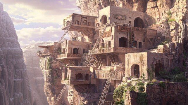 Wide Angle View of Desert Bluffs Featuring Ancient Cliffside Structures
