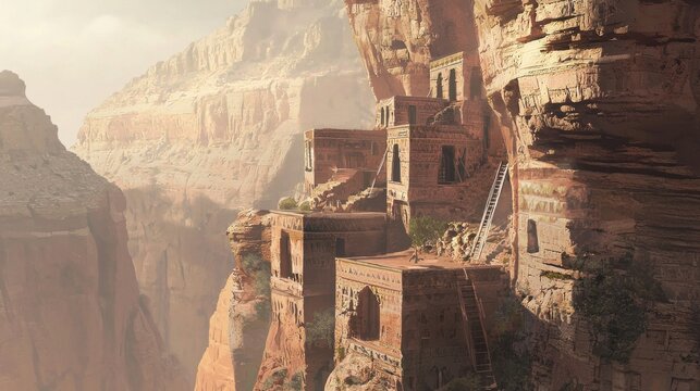Wide Angle View of Desert Bluff with Ancient Structures and Landscape