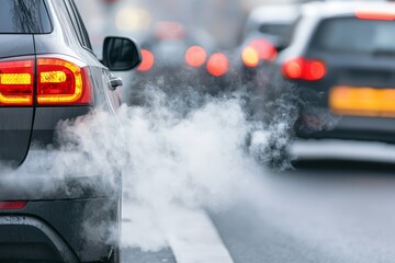 Traffic emissions impact urban environment pollution awareness city streets close-up view environmental concerns