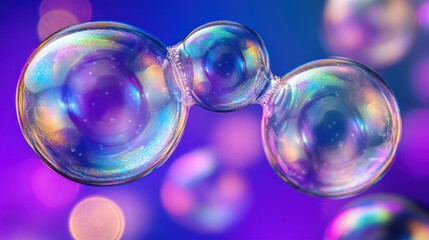 Naklejka premium Iridescent soap bubbles against a purple background