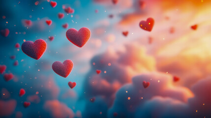 Obraz premium Floating hearts dance among colorful clouds at twilight in a whimsical dreamscape