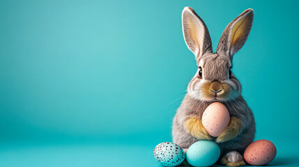 Obraz premium Playful bunny surrounded by colorful Easter eggs in a cozy woven basket on a vibrant turquoise backdrop