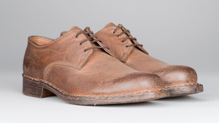 Brown leather men's shoes, studio shot, light background, footwear fashion