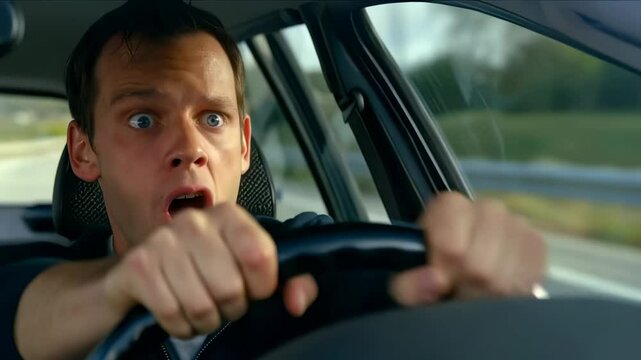 Scared driver experiencing panic attack while driving