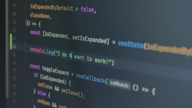 Typing "I do want to work" and removes "not" in code editor, console. Technology background for software developer and Computer script concept. Programming React.js, Next.js, JavaScript, HTML