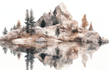 Mountain Island Watercolor Reflection Autumn Design