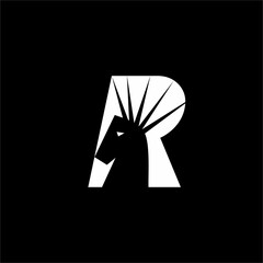 Initial letter R logo design with horse head illustration.