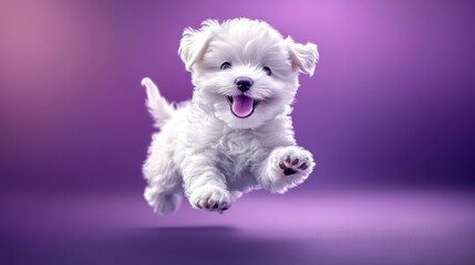 Happy White Maltese Puppy Leaping Purple Background Joyful Pet