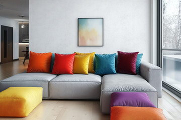Minimalist interior design of modern living room in studio apartment. Grey sofa with vibrant colorful multicolored pillows.