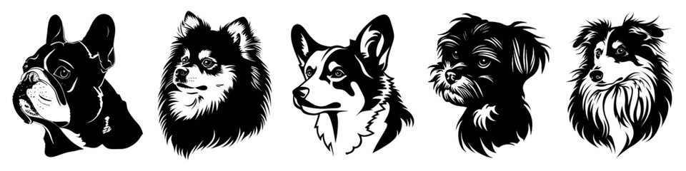 Fototapeta premium Stylized dog breed silhouettes collection, isolated vector set