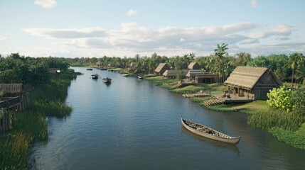 Fototapeta premium Peaceful Riverside Community with Fishing Boats and Lush Greenery