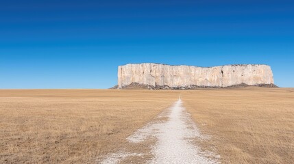 Wide open plains meet large rock face.  A path leads to the distant cliff.  Possible use Nature photography