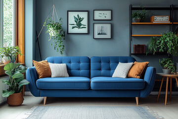Dark blue sofa and recliner chair in scandinavian apartment. Interior design of modern living room