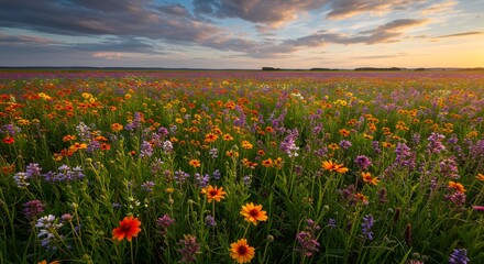 Fototapeta premium Wildflower Meadow at Sunset with Colorful Sky and Horizon View