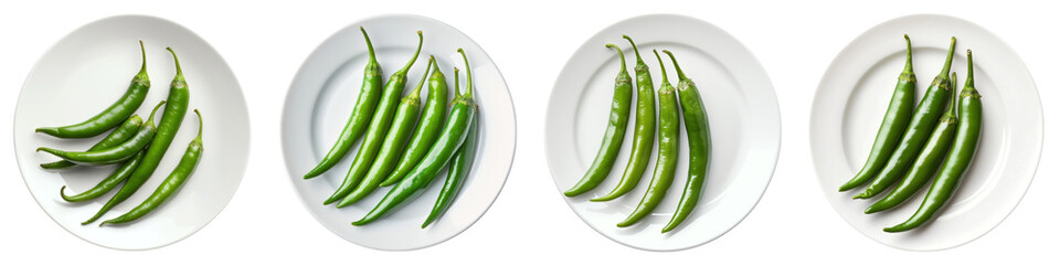 Green chili on white plate isolated on transparent background ,PNG, set of
