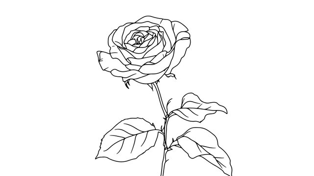 Rose flower line drawing. Leaves accent floral design. Ideal for tattoo art, greeting cards. Minimalist style, black outlines, white background