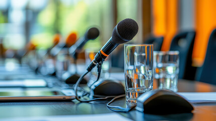 Meeting setup with microphones and glasses of water in a bright conference room