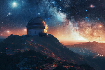 Obraz premium Astronomical observatory stands on mountain under clear starry sky with vibrant galaxy. Concept of space exploration
